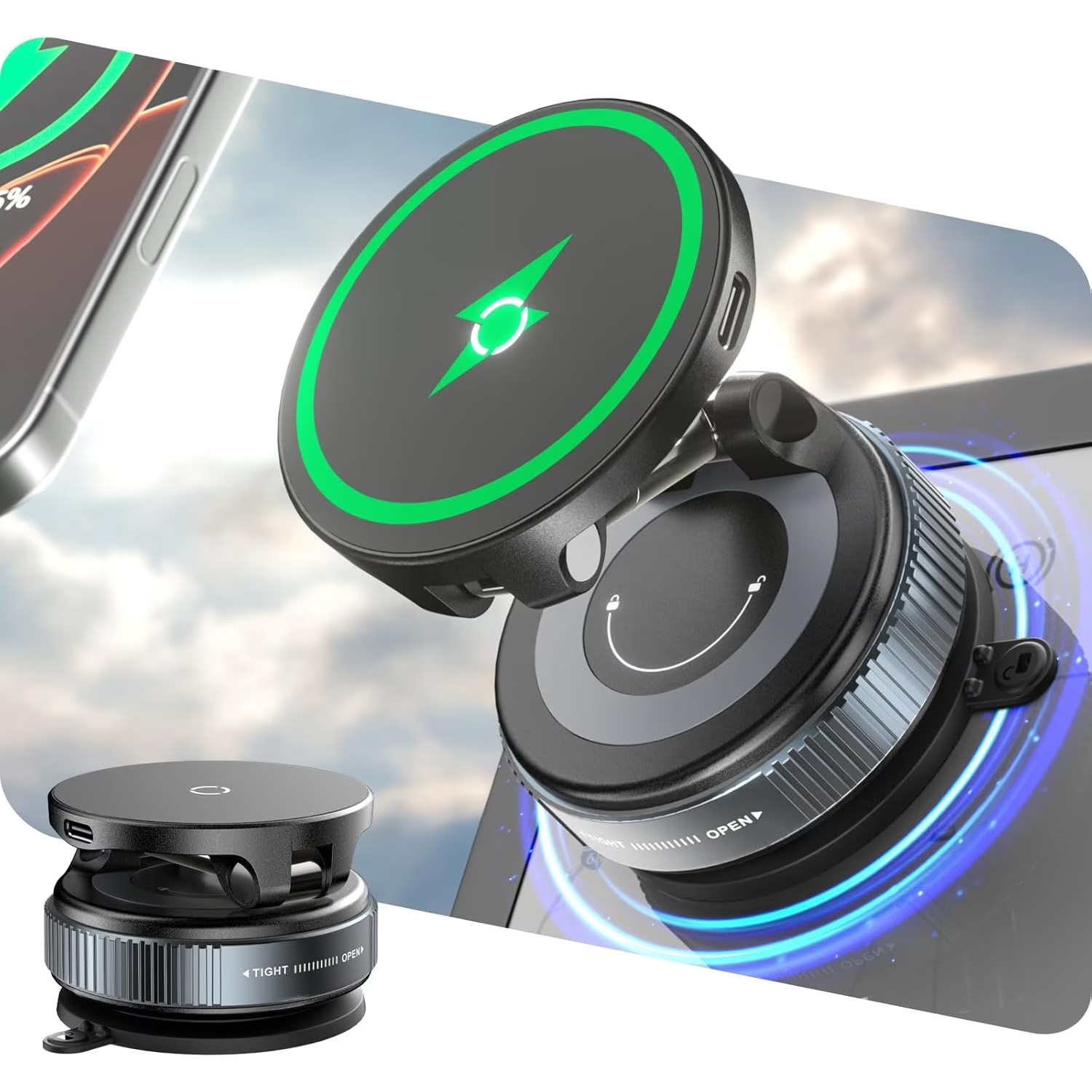 Wireless Car Charger Mount Fast Charging - Cargador Inalámbrico Rápido de 15W para